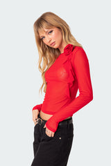 Larose Sheer Mesh Flower Pin Top