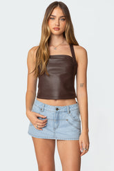 Draped Faux Leather Halter Top