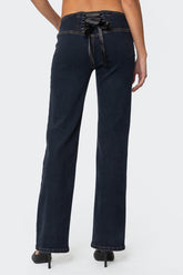 Ribbon Lace Up Low Rise Straight Leg Jeans
