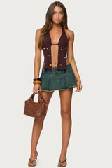 Frayed Pleated Denim Mini Skort